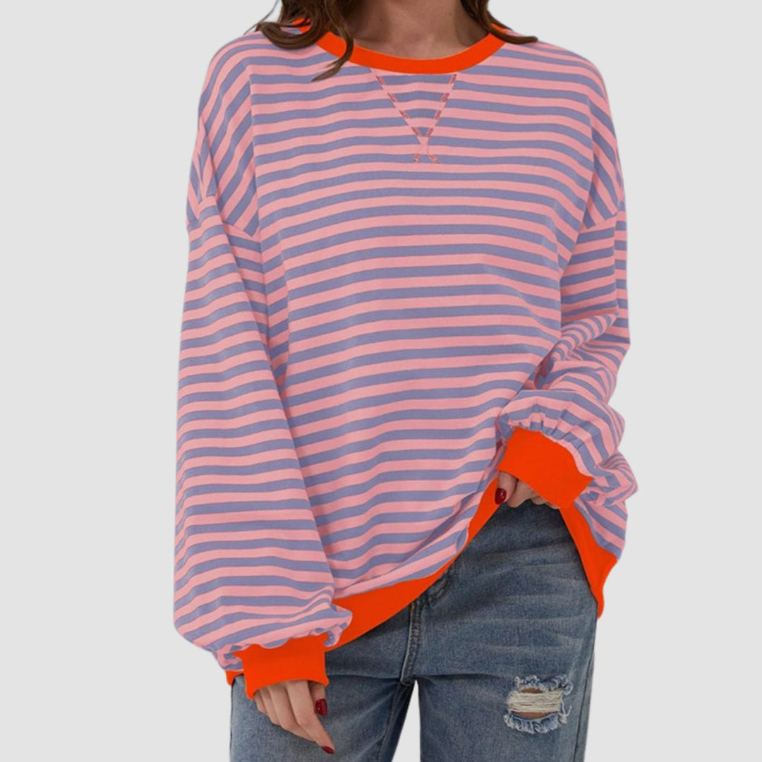 Dames Oversized Gestreepte Gebreide Trui Ronde Hals Lange Mouwen - Roze