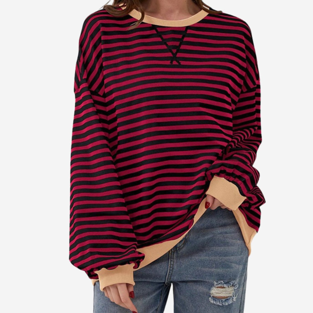 Dames Oversized Gestreepte Gebreide Trui Ronde Hals Lange Mouwen - Rood