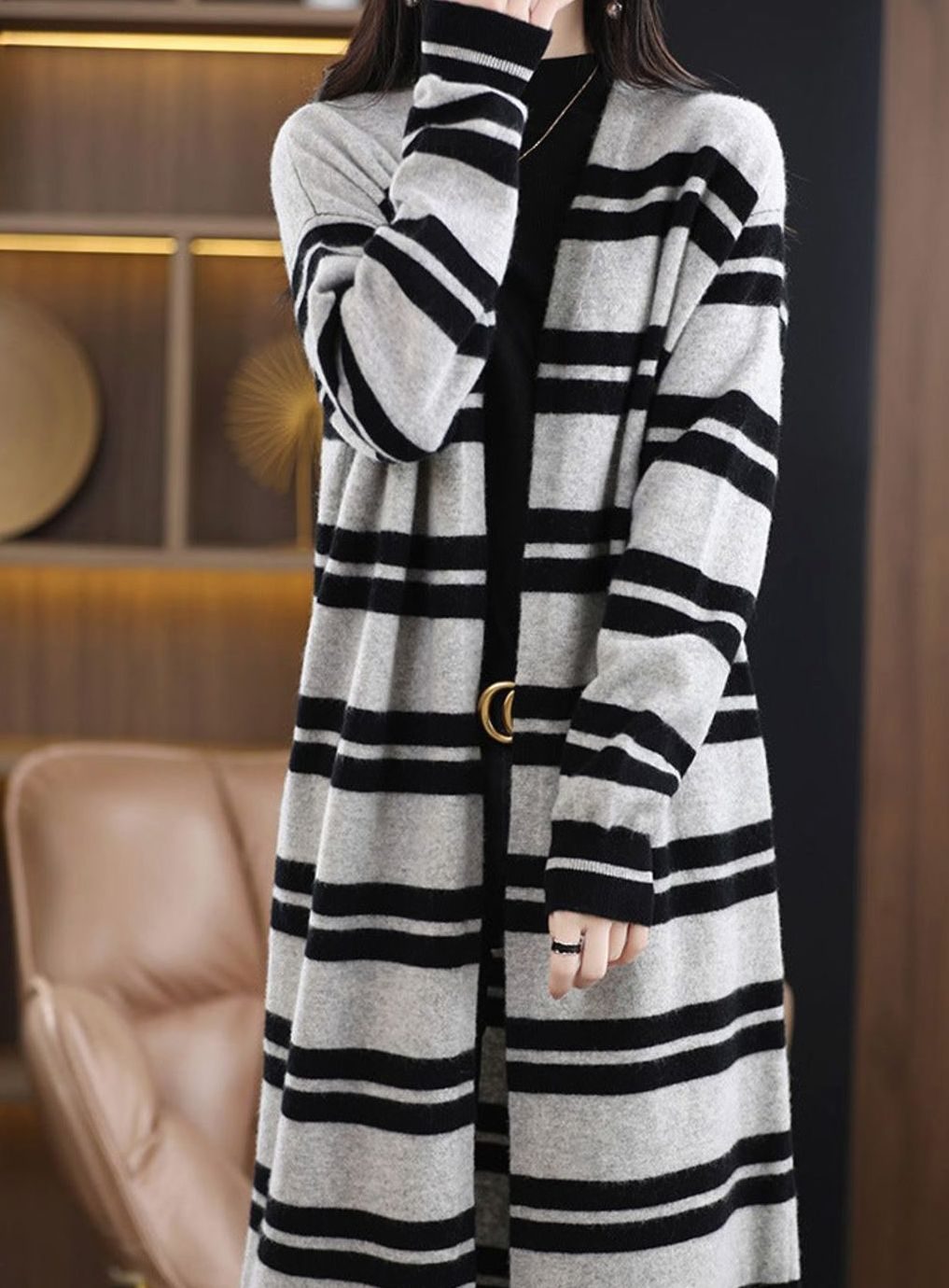 Dames Oversized Gestreepte Lange Gebreide Cardigan