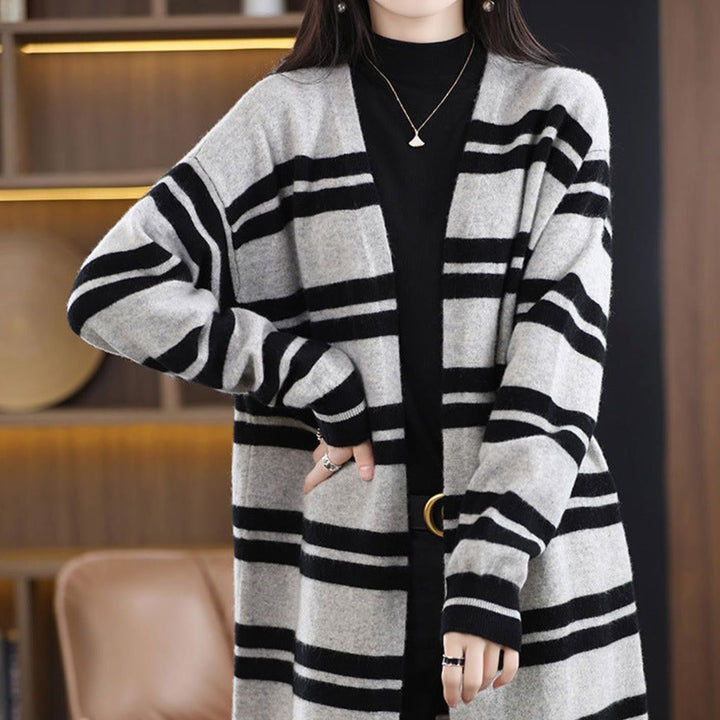 Dames Oversized Gestreepte Lange Gebreide Cardigan - Zwart-Grijs