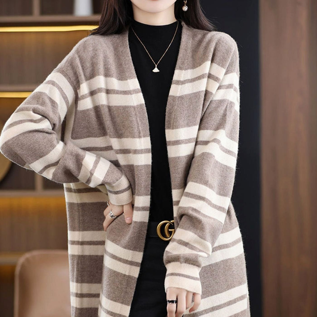Dames Oversized Gestreepte Lange Gebreide Cardigan - Beige-Kameel