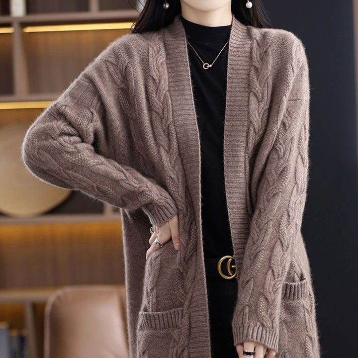 Dames Oversized Gestreepte Lange Gebreide Cardigan - Kameelbruin