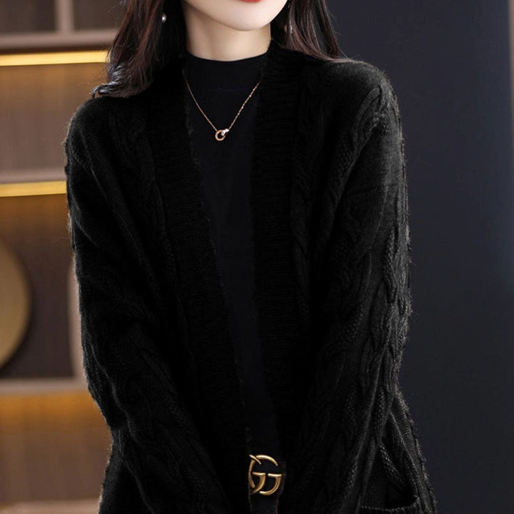 Dames Oversized Gestreepte Lange Gebreide Cardigan - Zwart