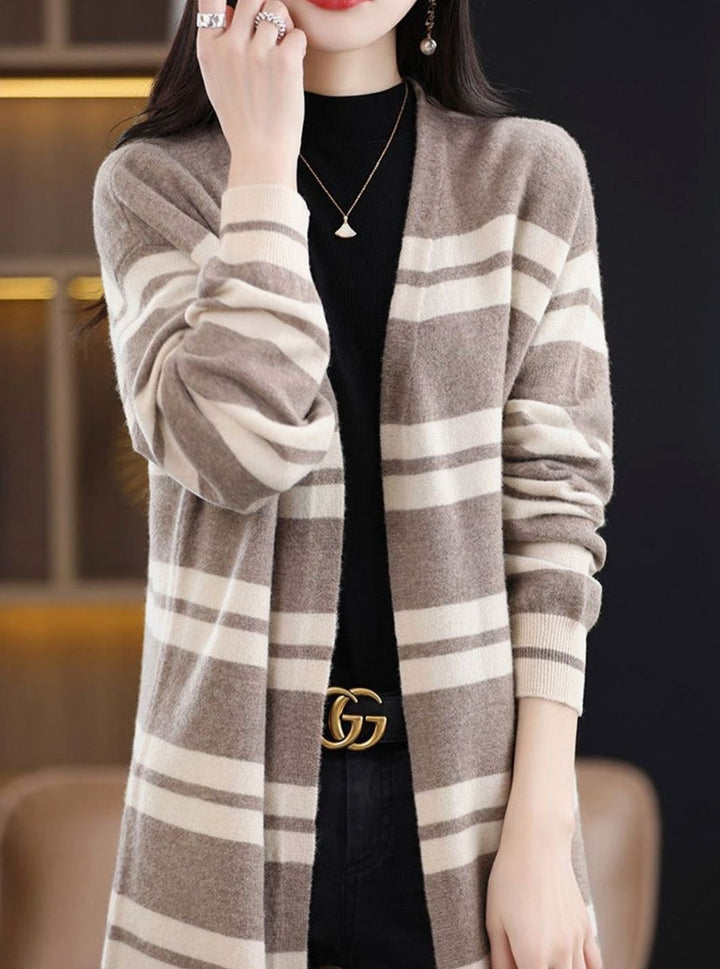 Dames Oversized Gestreepte Lange Gebreide Cardigan