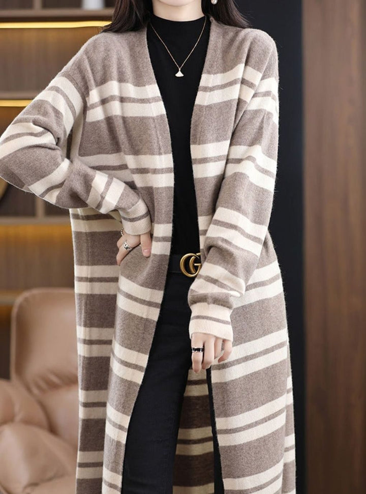 Dames Oversized Gestreepte Lange Gebreide Cardigan