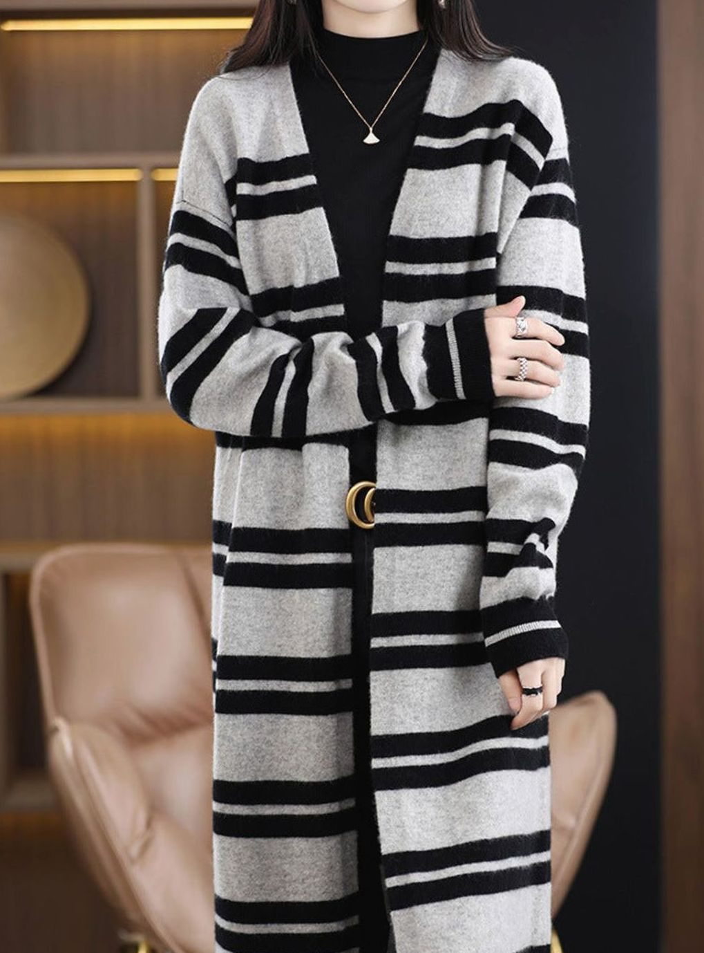 Dames Oversized Gestreepte Lange Gebreide Cardigan