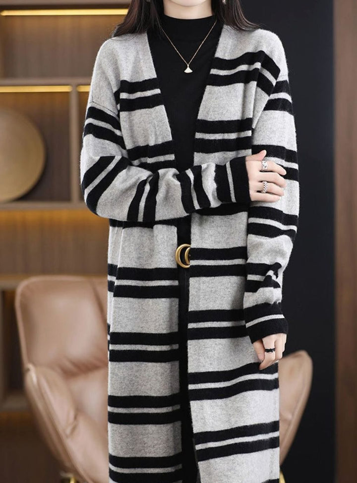 Dames Oversized Gestreepte Lange Gebreide Cardigan
