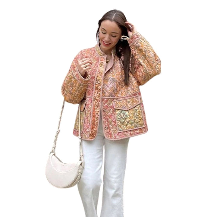 Dames Oversized Gewatteerde Bloemenprint Jas met Opgestikte Zakken - Roze