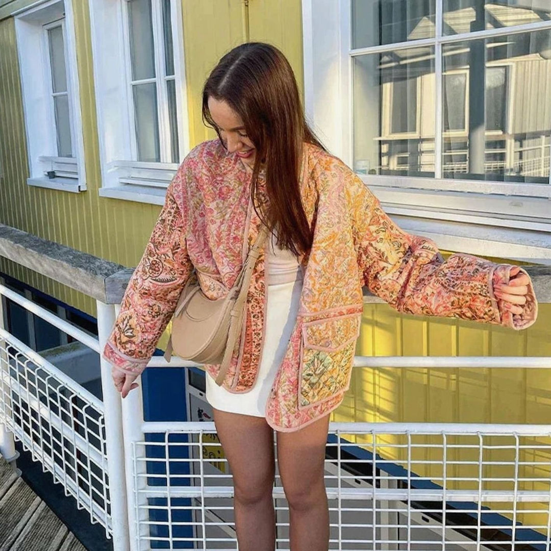 Dames Oversized Gewatteerde Bloemenprint Jas met Opgestikte Zakken