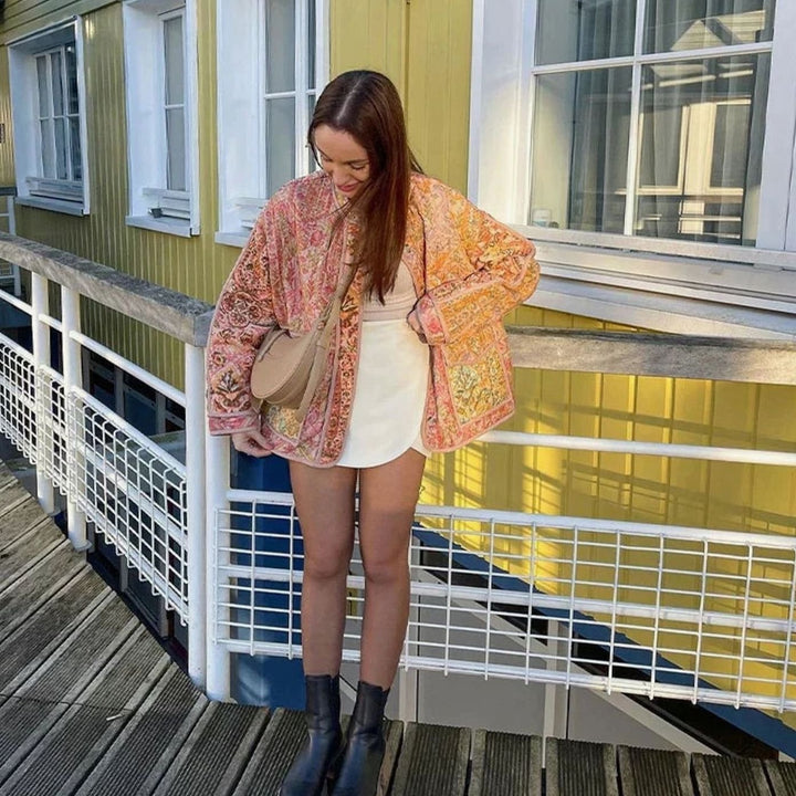 Dames Oversized Gewatteerde Bloemenprint Jas met Opgestikte Zakken