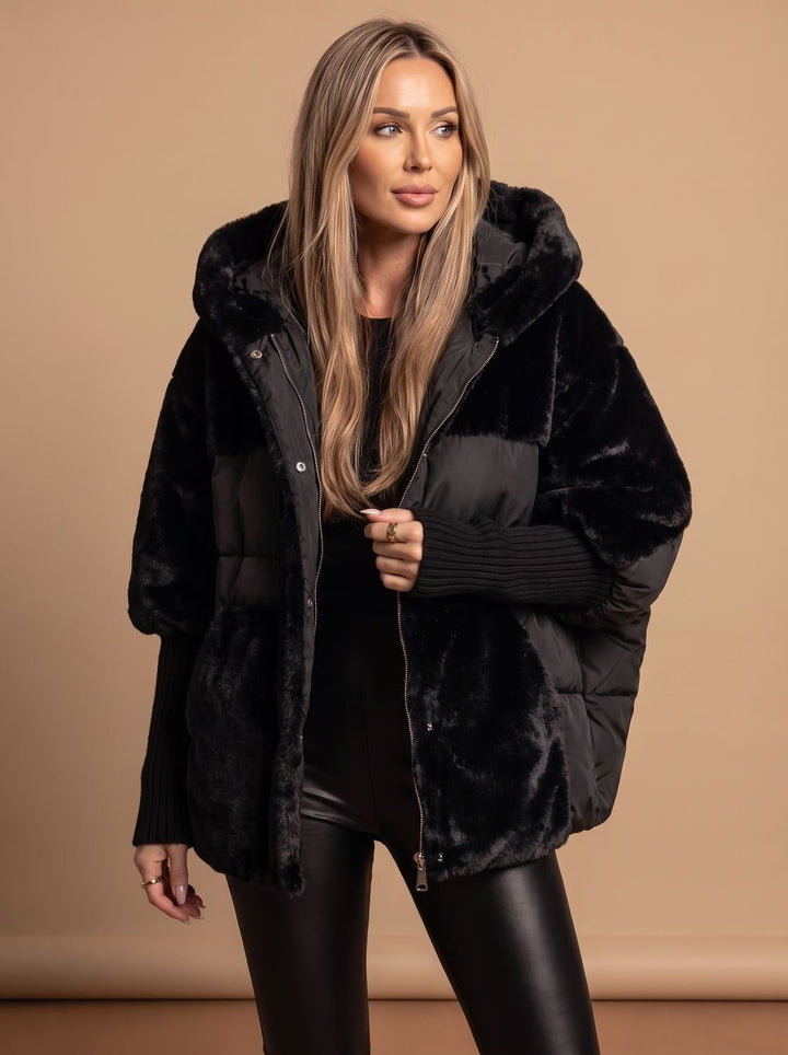 Dames Oversized Gewatteerde Imitatiebont Damesjas met Capuchon