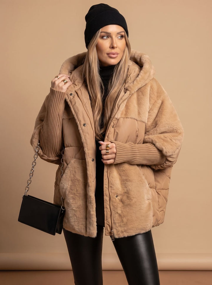Dames Oversized Gewatteerde Imitatiebont Damesjas met Capuchon - Bruin