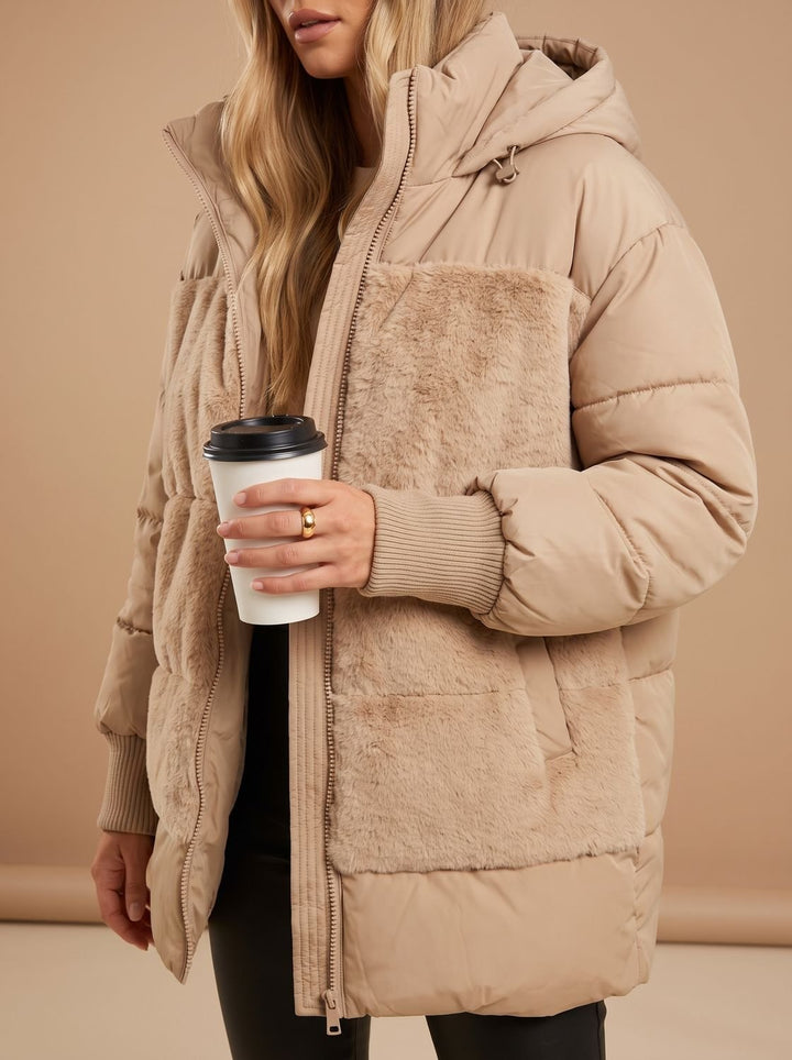 Dames Oversized Gewatteerde Imitatiebont Damesjas met Capuchon