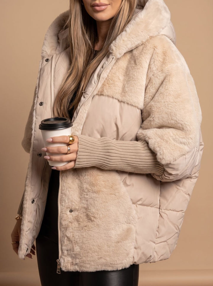Dames Oversized Gewatteerde Imitatiebont Damesjas met Capuchon - Grijs