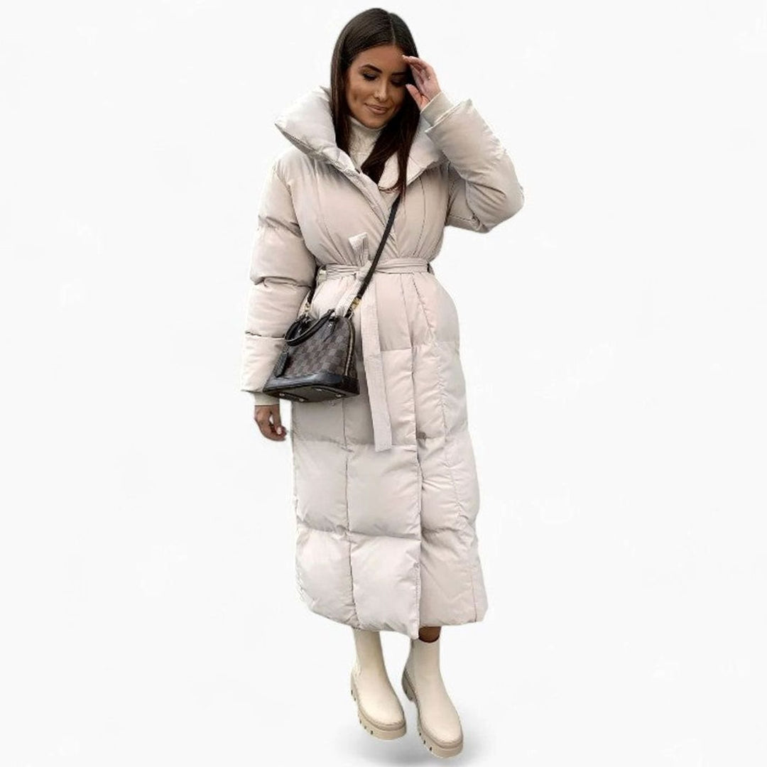 Dames Oversized Gewatteerde Maxi Puffer Coat met Tailleband - Beige