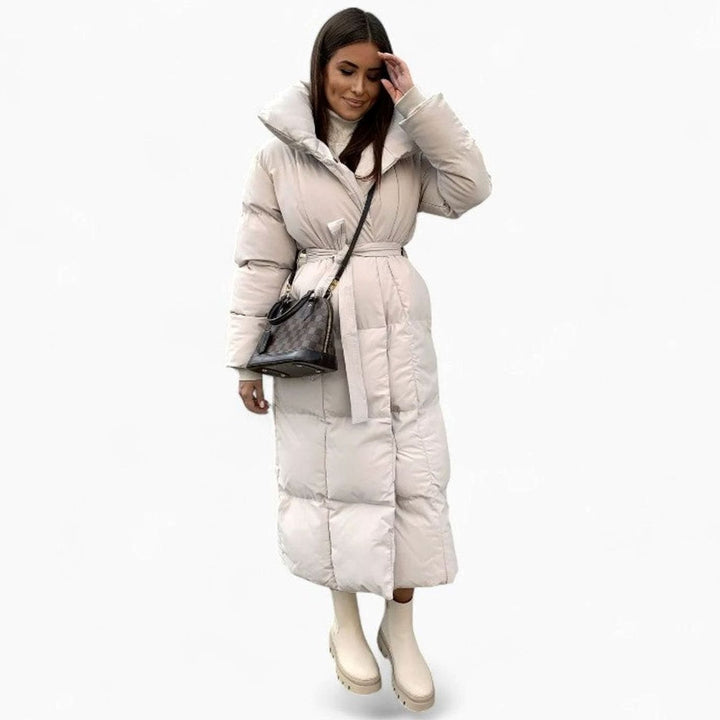 Dames Oversized Gewatteerde Maxi Puffer Coat met Tailleband - Beige