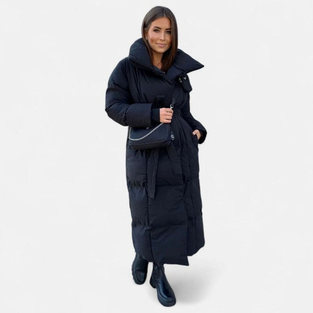 Dames Oversized Gewatteerde Maxi Puffer Coat met Tailleband - Donkerblauw