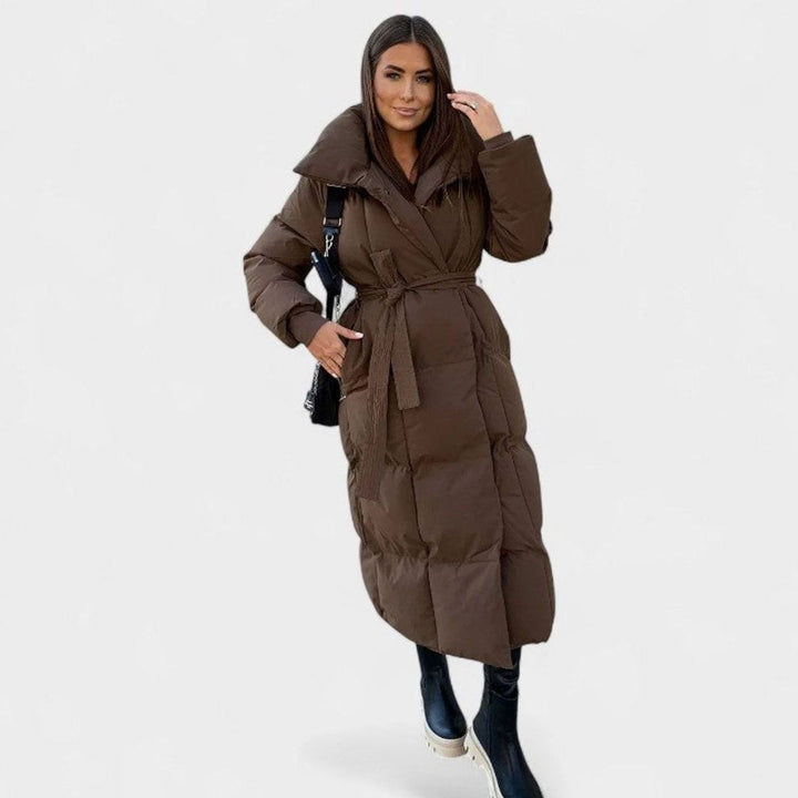Dames Oversized Gewatteerde Maxi Puffer Coat met Tailleband - Koffiebruin