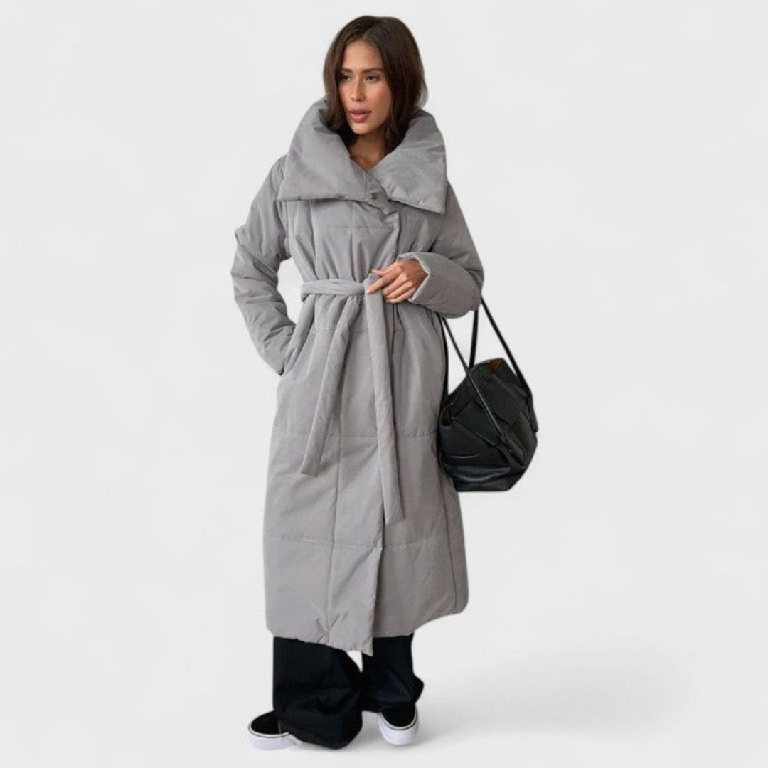 Dames Oversized Gewatteerde Maxi Puffer Coat met Tailleband - Grijs