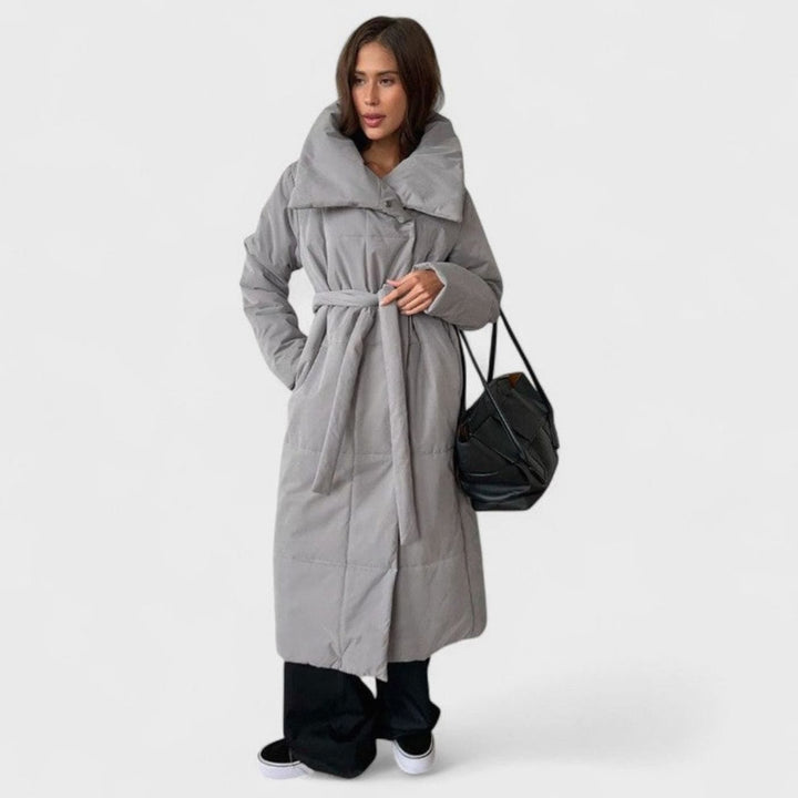 Dames Oversized Gewatteerde Maxi Puffer Coat met Tailleband - Grijs