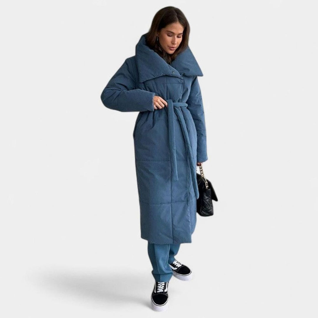 Dames Oversized Gewatteerde Maxi Puffer Coat met Tailleband - Blauw