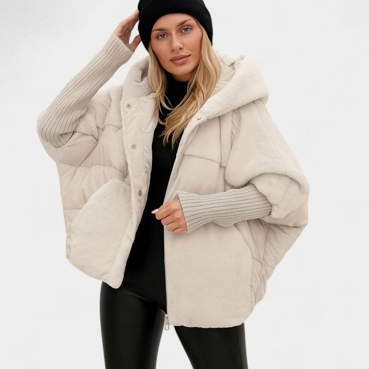 Dames Oversized Gewatteerde Puffer Jas met Capuchon Geribde Manchetten - Beige