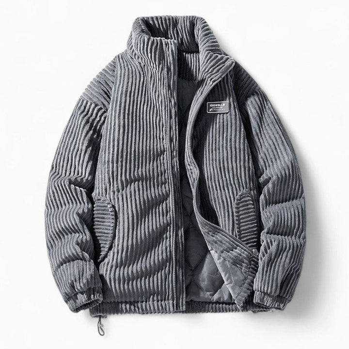 Dames Oversized Gewatteerde Rib-Corduroy Ritsjas met Opstaande Kraag - Grijs