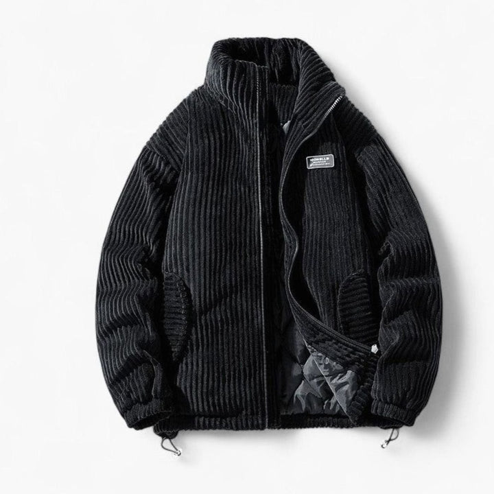 Dames Oversized Gewatteerde Rib-Corduroy Ritsjas met Opstaande Kraag - Zwart