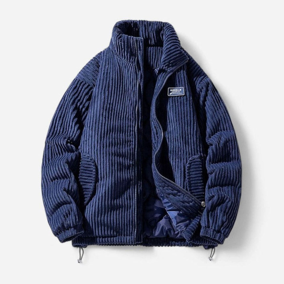 Dames Oversized Gewatteerde Rib-Corduroy Ritsjas met Opstaande Kraag - Blauw