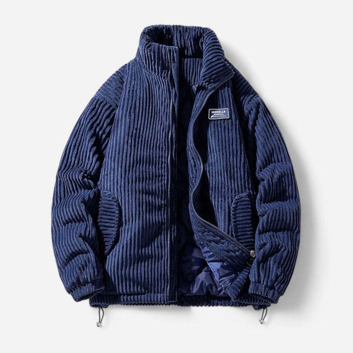 Dames Oversized Gewatteerde Rib-Corduroy Ritsjas met Opstaande Kraag - Blauw