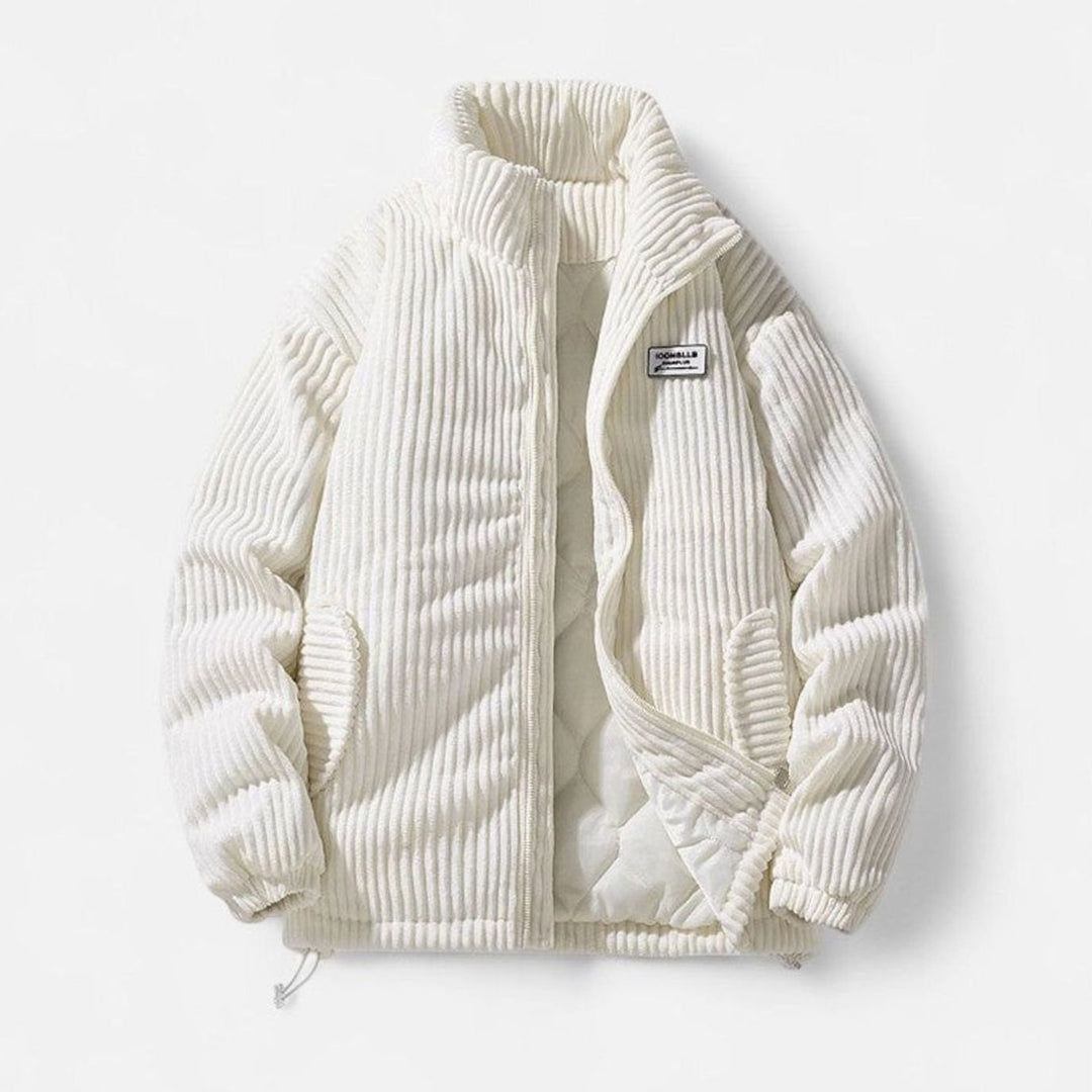 Dames Oversized Gewatteerde Rib-Corduroy Ritsjas met Opstaande Kraag - Wit