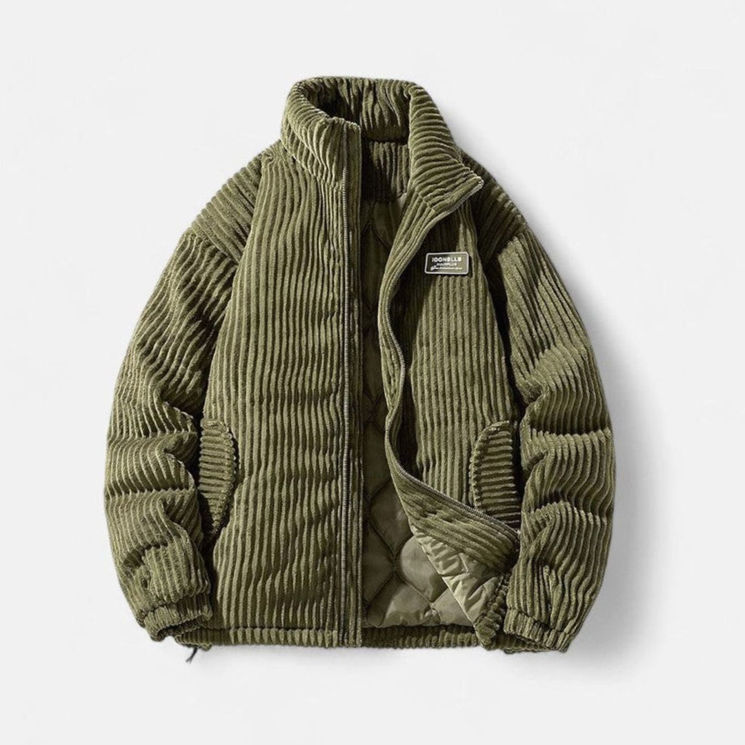 Dames Oversized Gewatteerde Rib-Corduroy Ritsjas met Opstaande Kraag - Groen
