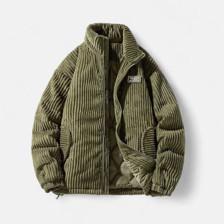Dames Oversized Gewatteerde Rib-Corduroy Ritsjas met Opstaande Kraag - Groen