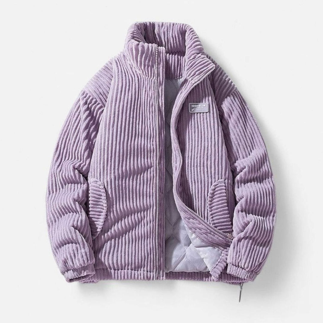 Dames Oversized Gewatteerde Rib-Corduroy Ritsjas met Opstaande Kraag - Paars