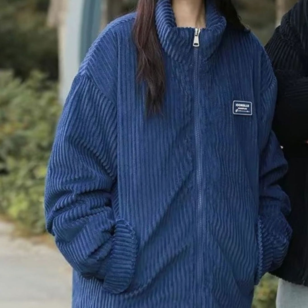 Dames Oversized Gewatteerde Rib-Corduroy Ritsjas met Opstaande Kraag