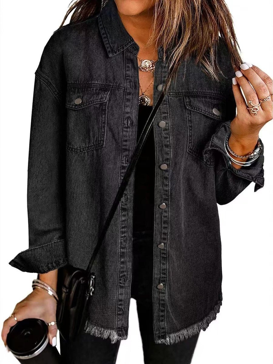Dames Oversized Gewatteerde Spijkerjas Casual Losse Pasvorm - Zwart