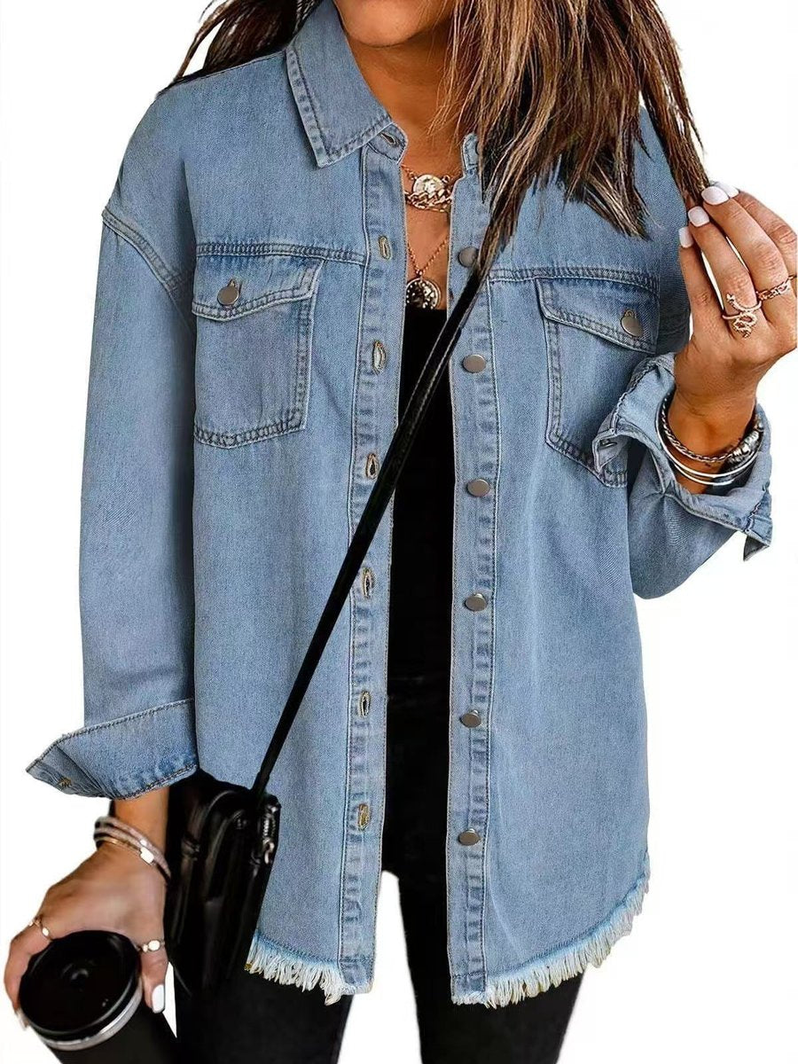 Dames Oversized Gewatteerde Spijkerjas Casual Losse Pasvorm - Lichtblauw