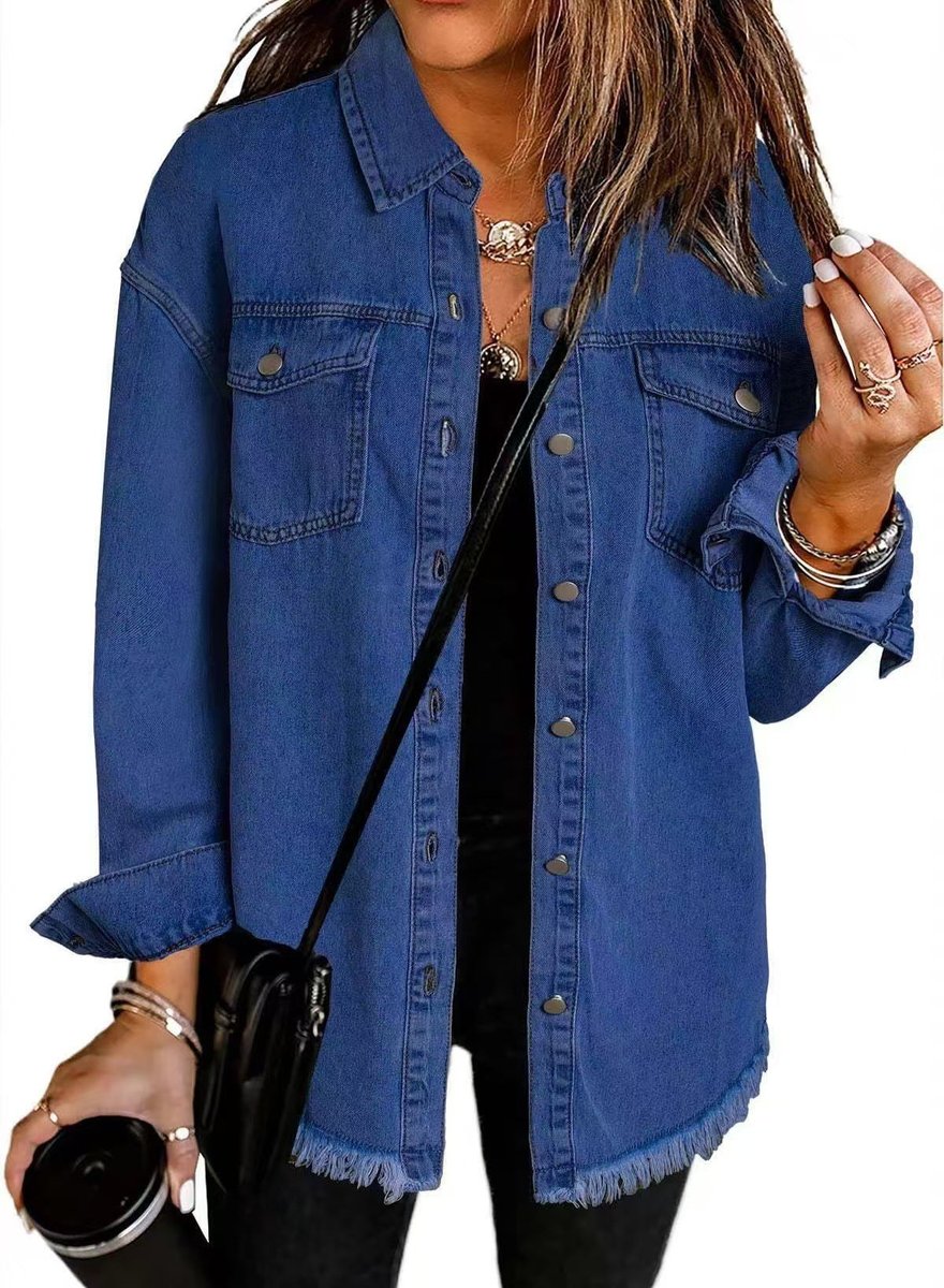 Dames Oversized Gewatteerde Spijkerjas Casual Losse Pasvorm - Donkerblauw