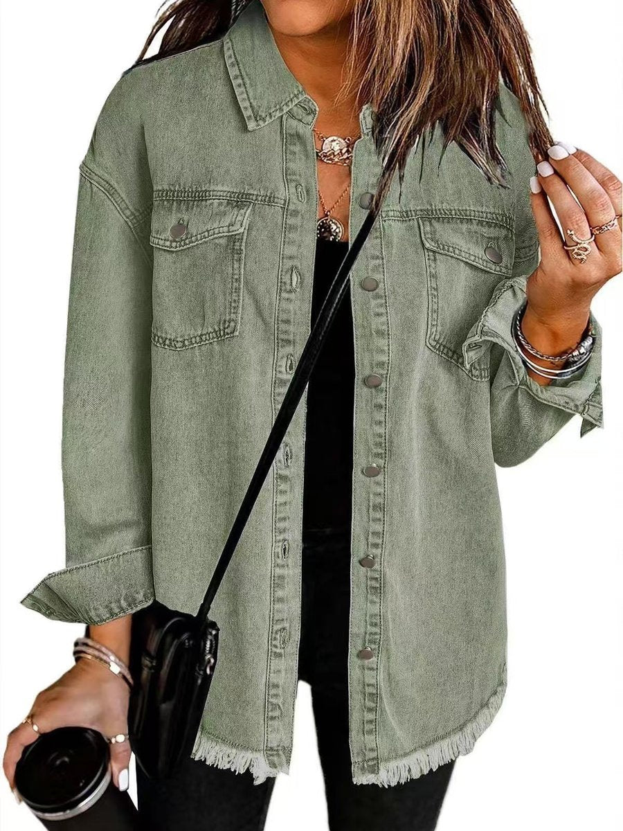 Dames Oversized Gewatteerde Spijkerjas Casual Losse Pasvorm - Olijfgroen