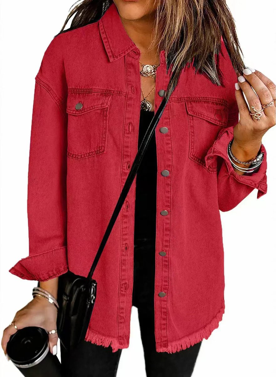 Dames Oversized Gewatteerde Spijkerjas Casual Losse Pasvorm - Rood