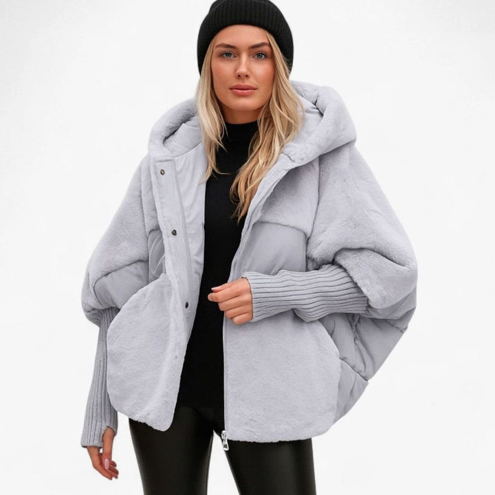 Dames Oversized Gewatteerde Winterjas met Capuchon Geribde Manchetten - Grijs