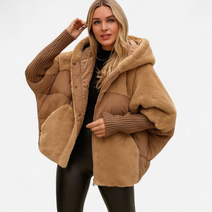 Dames Oversized Gewatteerde Winterjas met Capuchon Geribde Manchetten - Bruin