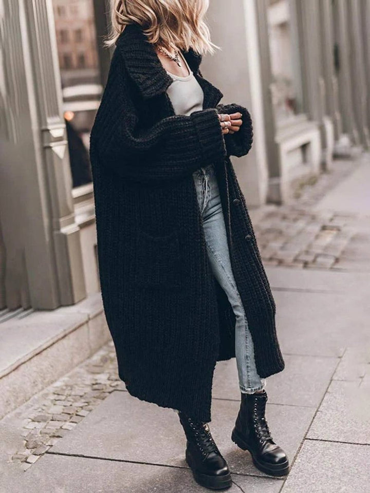 Dames Oversized Grofgebreid Revers Cardigan Vest - Black