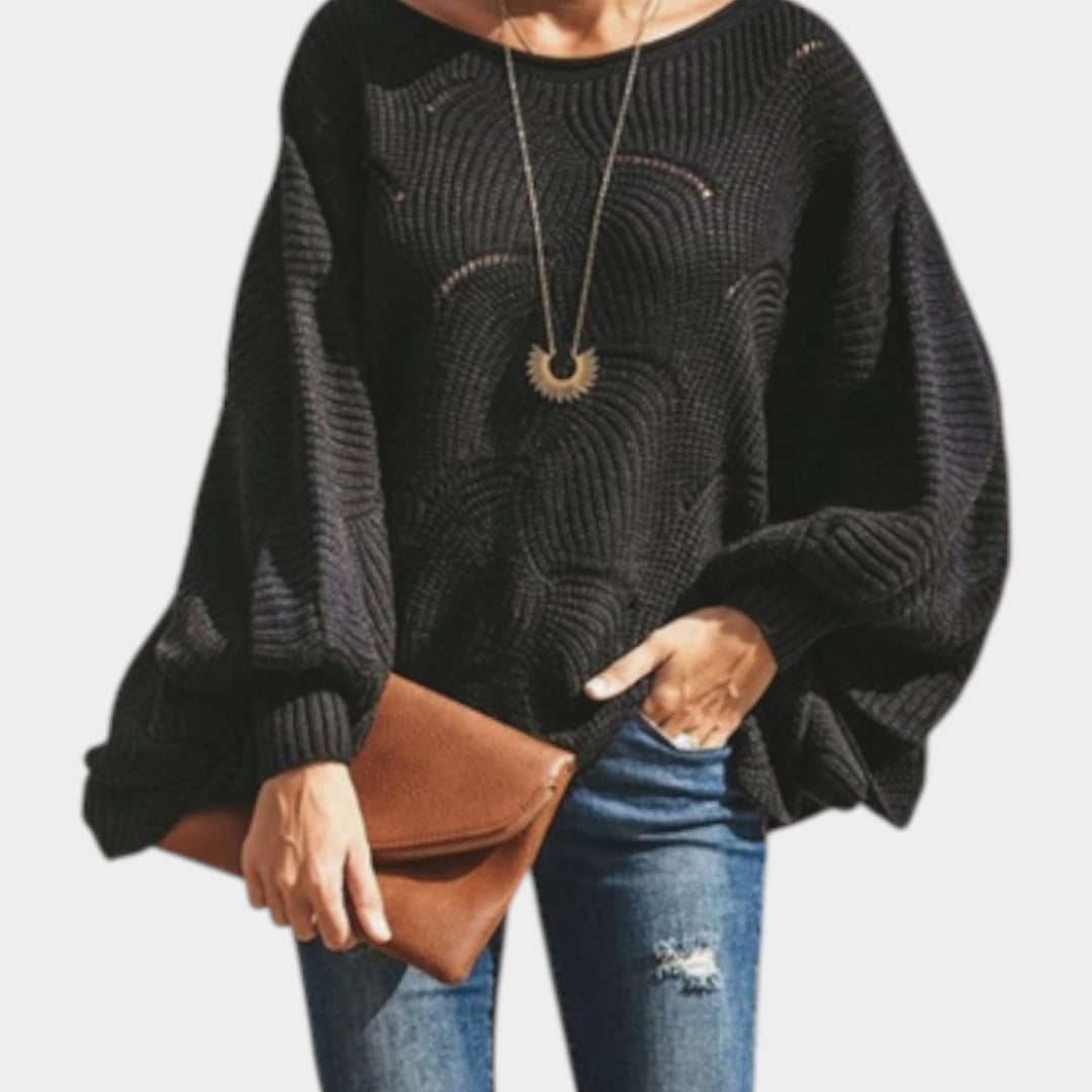 Dames Oversized Hollow Out Gebreide Trui Ronde Hals - Zwart