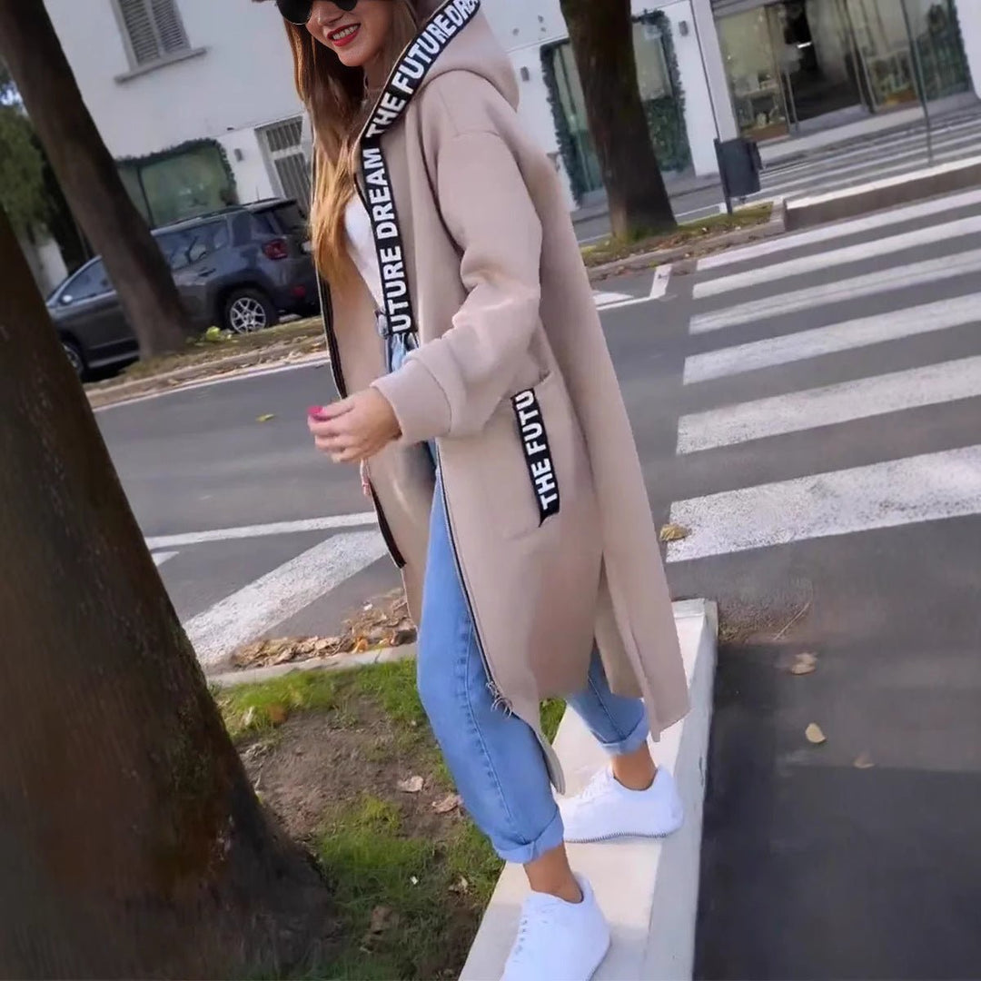 Dames Oversized Hoodie Women Coat Lang Ritssluiting - Beige