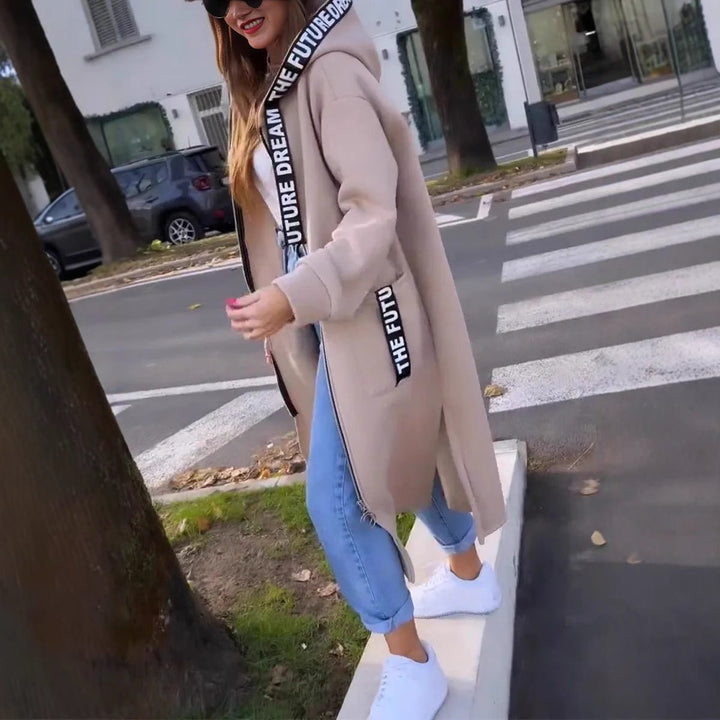Dames Oversized Hoodie Women Coat Lang Ritssluiting - Beige