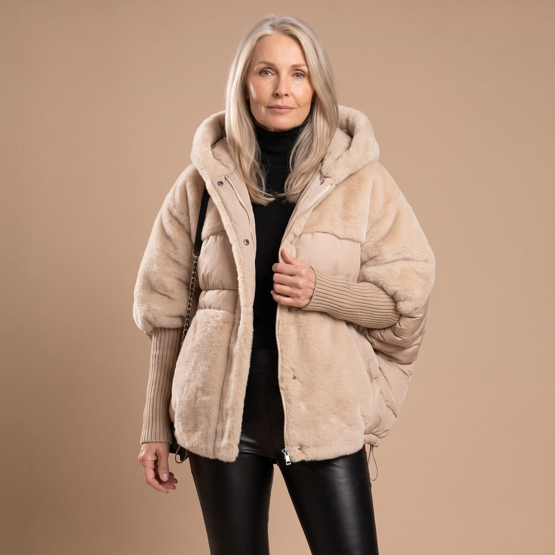 Dames Oversized Hybride Puffer Winterjas met Pluche Overlay - Bruin