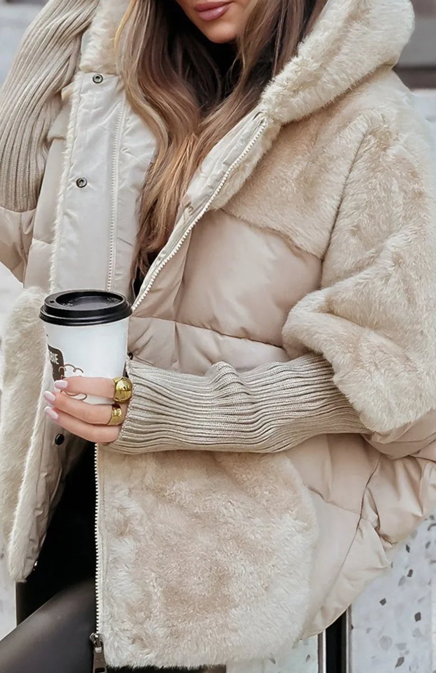 Dames Oversized Hybride Puffer Winterjas met Pluche Overlay - Wit
