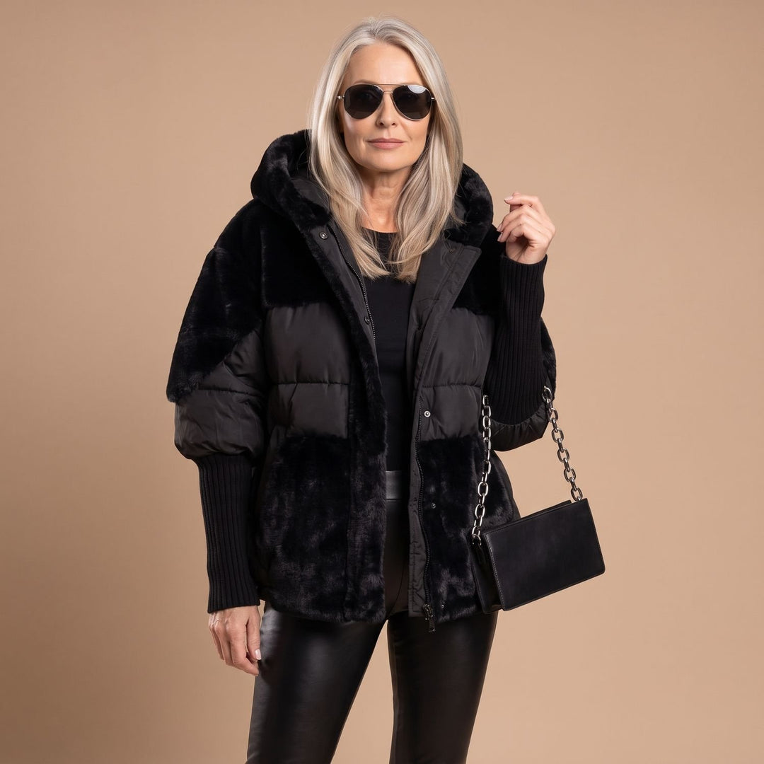 Dames Oversized Hybride Puffer Winterjas met Pluche Overlay - Zwart