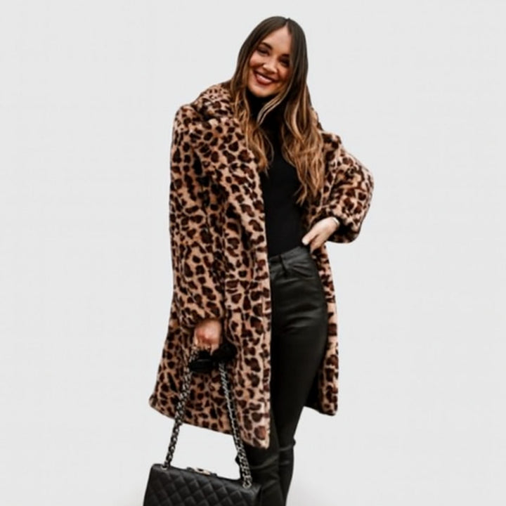 Dames Oversized Imitatiebont Jas met Luipaardprint Reverskraag